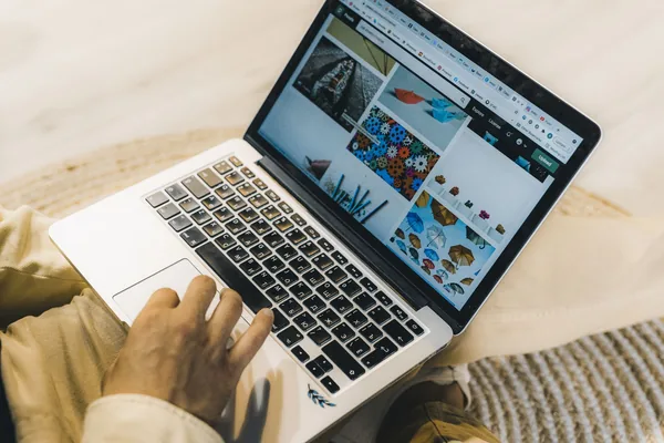 A person using a laptop to browse stock photo websites. Freelancing work in a cozy setting.